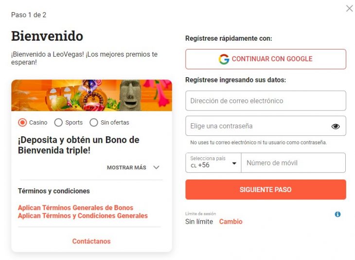 registro en leovegas chile