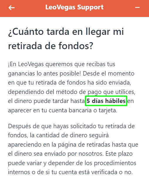 Pregunta en la sección soporte sobre el tiempo de llegada de las retiradas