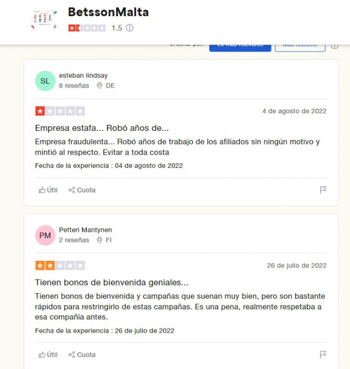 Opiniones de jugadores descontentos en Trustpilot acerca de Betsson