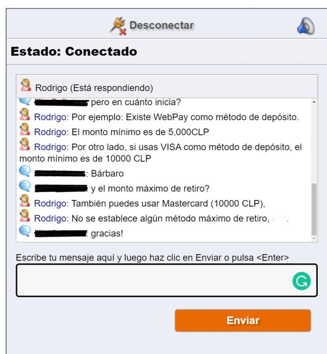 Ejemplo de una conversación con el chat en vivo de Betsson