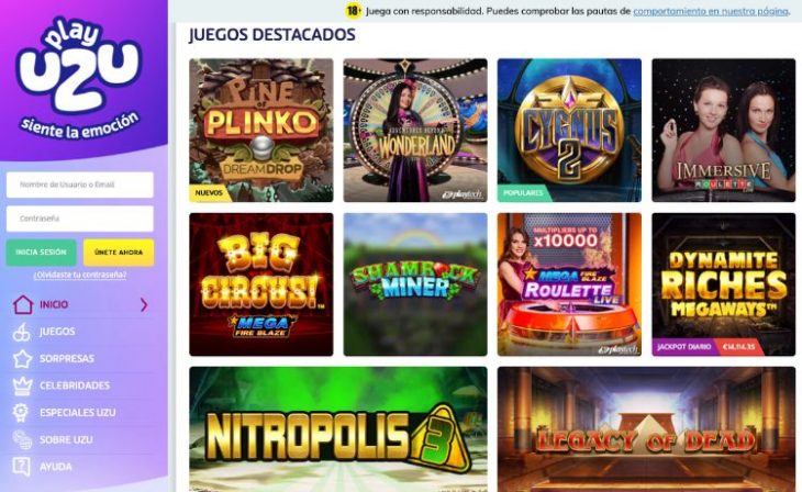 Casino online legal en Chile PlayUZU, pagina de entrada del sitio web