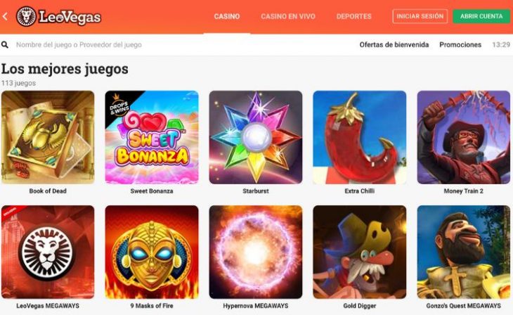 Casino online legal Leo Vegas, pagina de entrada al sitio web con sus juegos disponibles