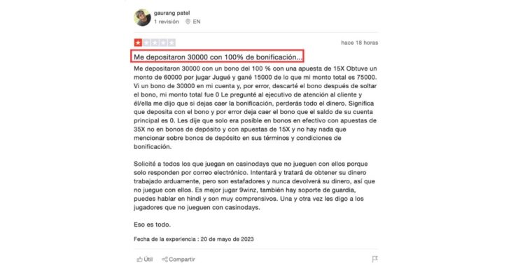 Opinión negativa sobre CasinoDays