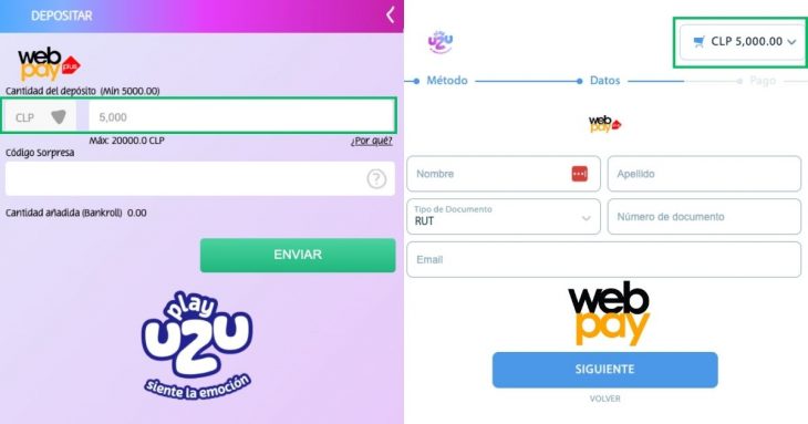 Ejemplo de un deposito con Webpay en la web del casino y en la del operador financiero