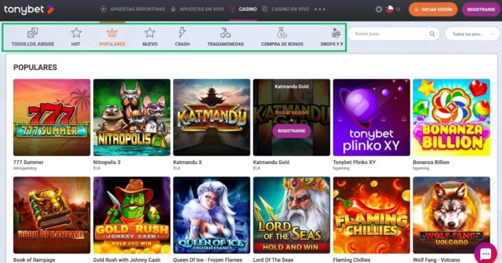 Visión general de la página de jueos disponibles en el casino online Tonybet