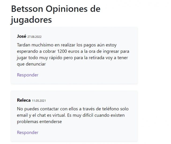 Comentarios publicados por clientes sobre el operador Betsson