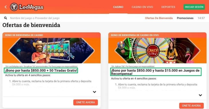 Ejemplo de bonos disponibles en casino online